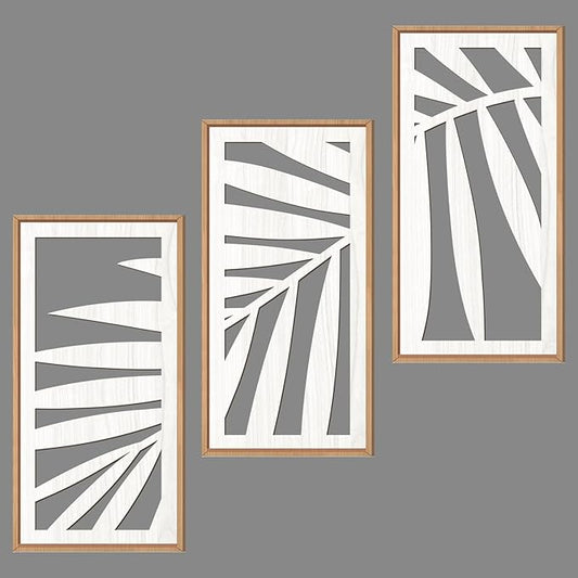 IARTTOP Tropical Palm Tree Leaf Wood Wall Art White Framed 8x16 Inch Set of 3 by IARTTOP