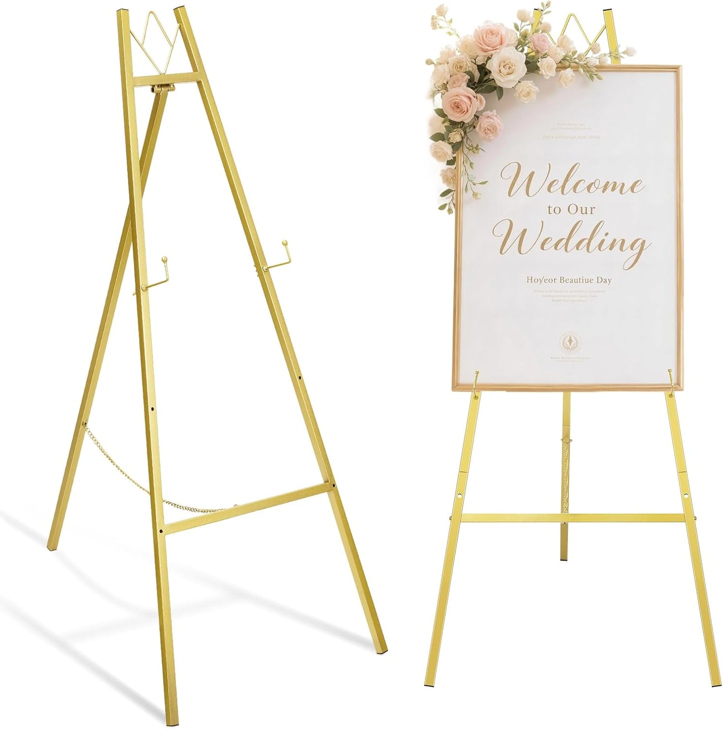GRENTY 46.7" Gold Easel Stand for Wedding Signs – No Assembly Needed, Heavy Duty Metal Display Stand for Art, Welcome Signs, Posters, Pictures, Paintings, and Floor Décor