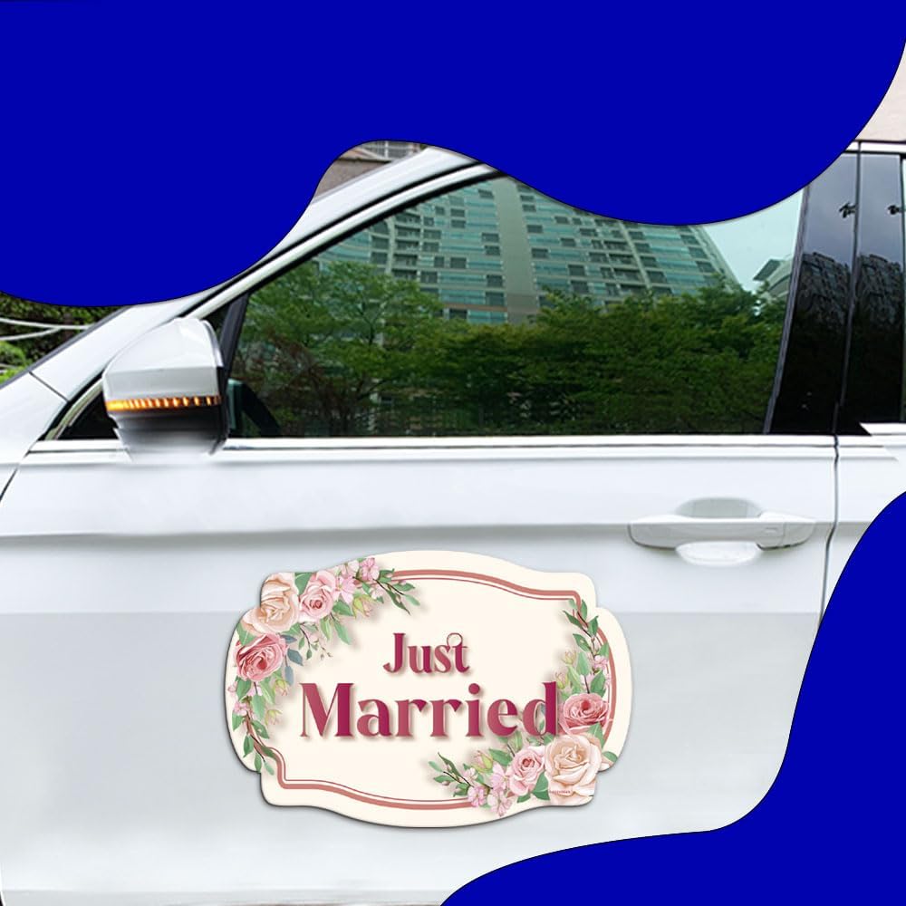 GEEKBEAR Just Got Married Car Magnet (2 Pack) - 13 x 8.7 in (Beige Rose)