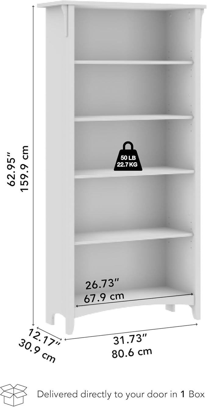 Bush Furniture Salinas 5 Shelf Bookcase in Pure White, Tall Bookshelf, Large - Image 3