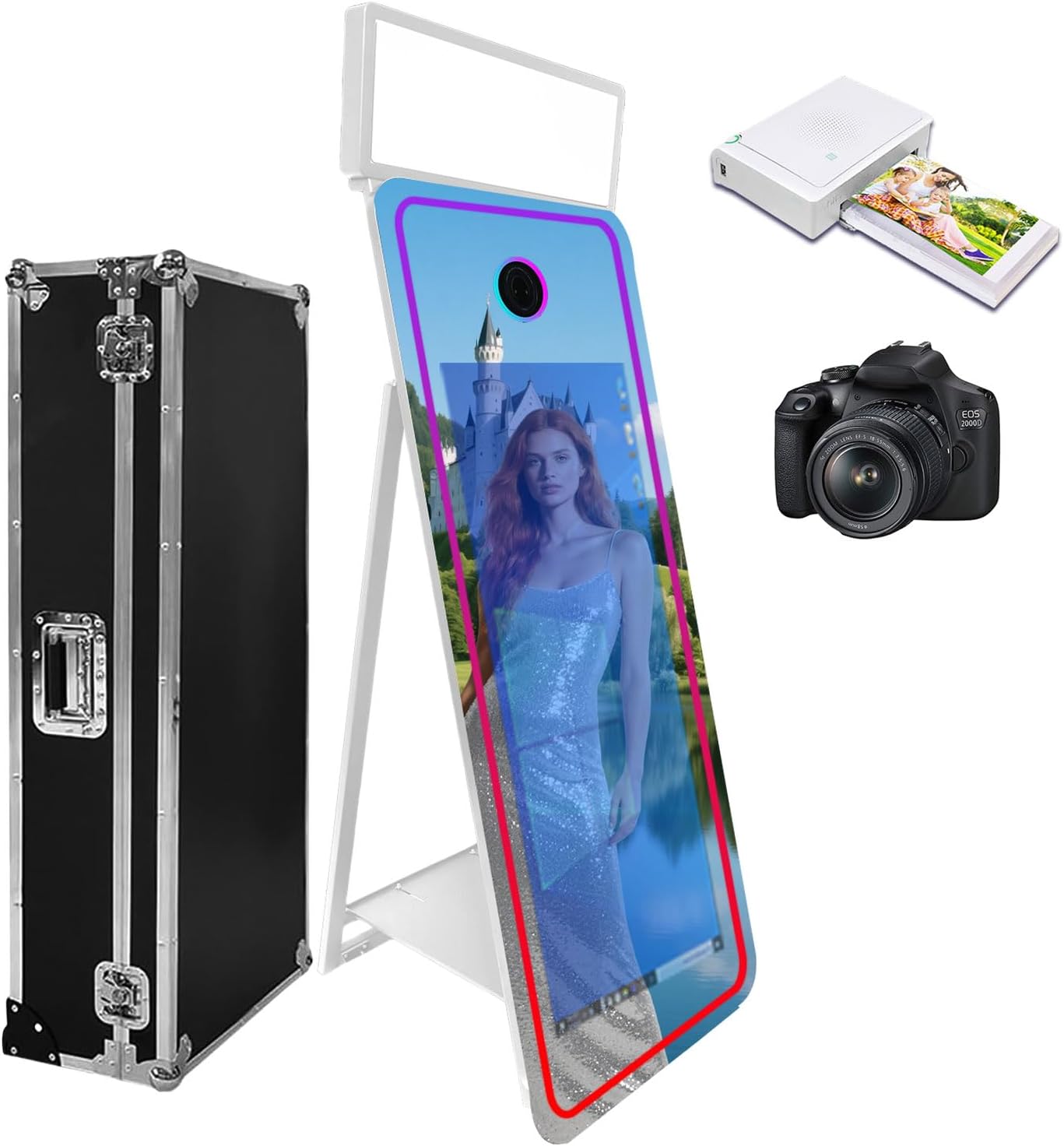 65''Magic Mirror Photo Booth Machine,Mirror Photo Booth 43''Touch Screen,Photo Booth with Flight Case,App Control,RGB Light for Wedding Party Events (White, Machine+Camera+Mini Printer)
