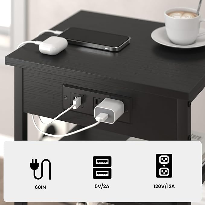 End Tables Set of 2 with Charging Station USB Ports, 3 Tier Tall Night Stand - Image 5