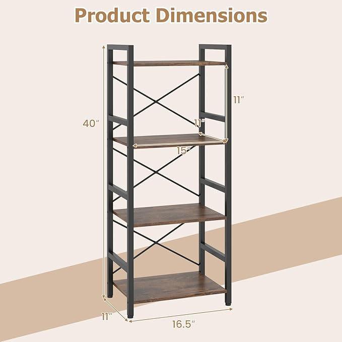 Tangkula 3-Tier Industrial Bookshelf, 16.5" Width Wooden Open Bookcase - Image 3