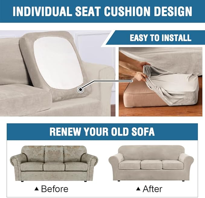 H.VERSAILTEX Modern Velvet Plush 4 Piece High Stretch Sofa Slipcover Sofa Cover - Image 6