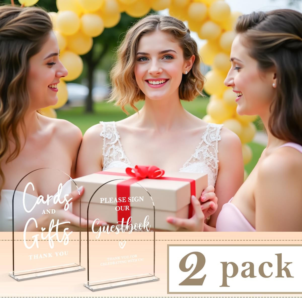 2 Pcs Acrylic Wedding Signs for Ceremony and Reception, Bridal Shower Decorations, Cards and Gifts Signs, Guest Book Sign, Arch Acrylic Table Top Sign with Holder for Wedding Reception (Clear)