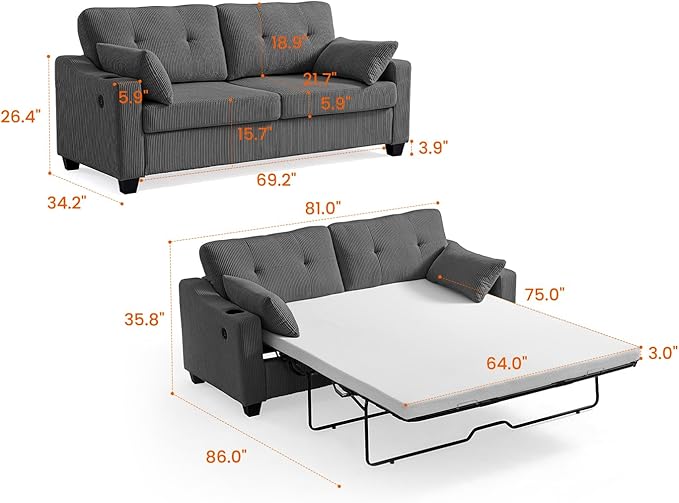Queen Size Pull Out Sleeper Sofa Bed, 2-in-1 Convertible Corduroy Pull Out - Image 2