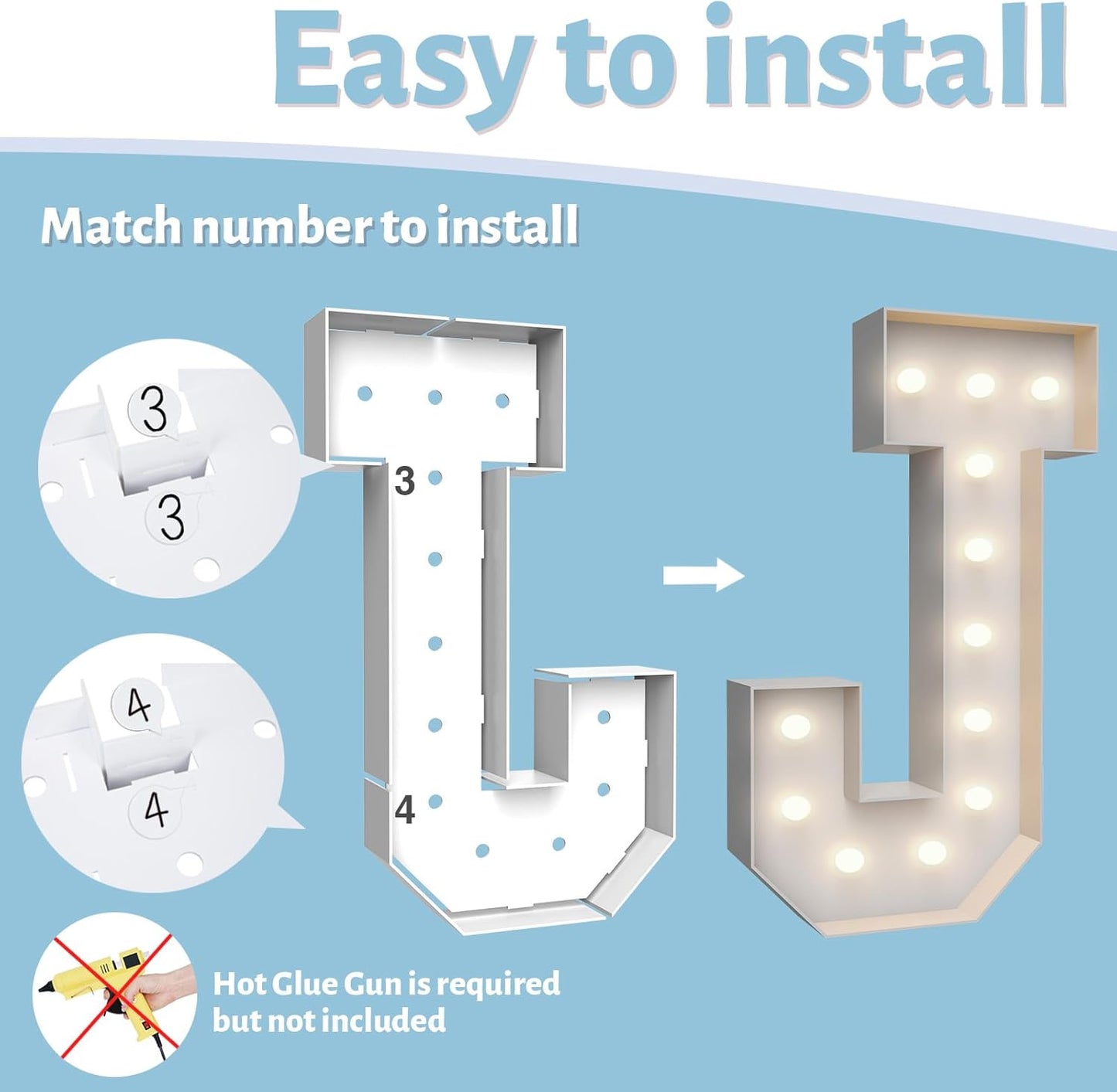 4FT Marquee Light Up Letters J,Party Decoration Large Marquee Light Up Letters with Weighted Water Bag,Pre-cut Foam Board Set Can Be Used for Birthdays,Weddings,Baby Anniversaries