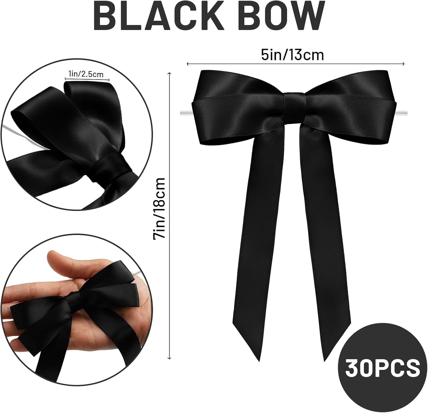 Black Bows for Gift Wrapping, 5'' X 7'' Large Satin Gift Bows for Birthday, Wedding, Party, 30 Pcs