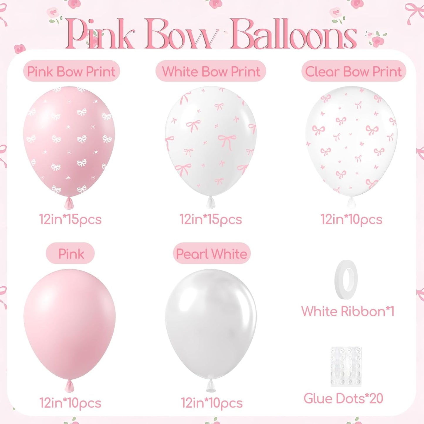 60pcs Pink Bow Balloons 12inch with Pink White Clear Bow Balloons for Pink Coquette Wedding Baby Shower Birthday Party Decorations