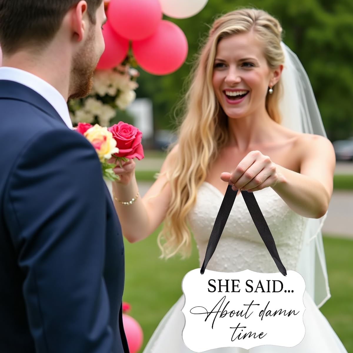 2 Pcs Acrylic Wedding Sign, Ring Bearer Sign, Rustic Wedding Decor Signs, Acrylic Wall Art With Ribbon for Chairs Weddings Decor and Event Party - He Asked She Said About Damn Time (White)