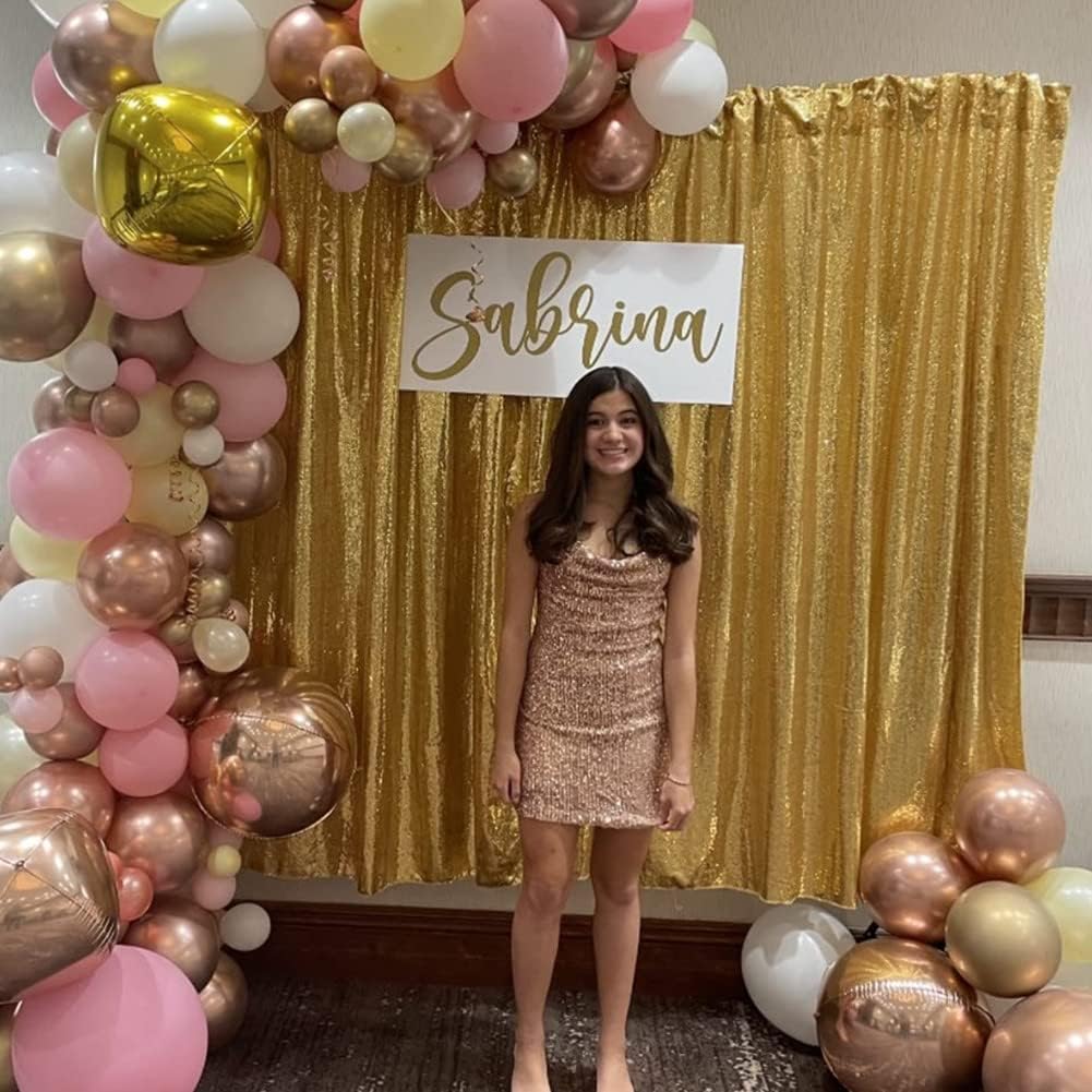 Poise3EHome 6Ft x 8Ft Gold Sequin Backdrop, Glitter Thick Satin Background Drapes, Sparkly Opaque Photography Curtain, Sequence Xmas Thanksgiving Backdrop for Wedding Party Holiday Festival Decor