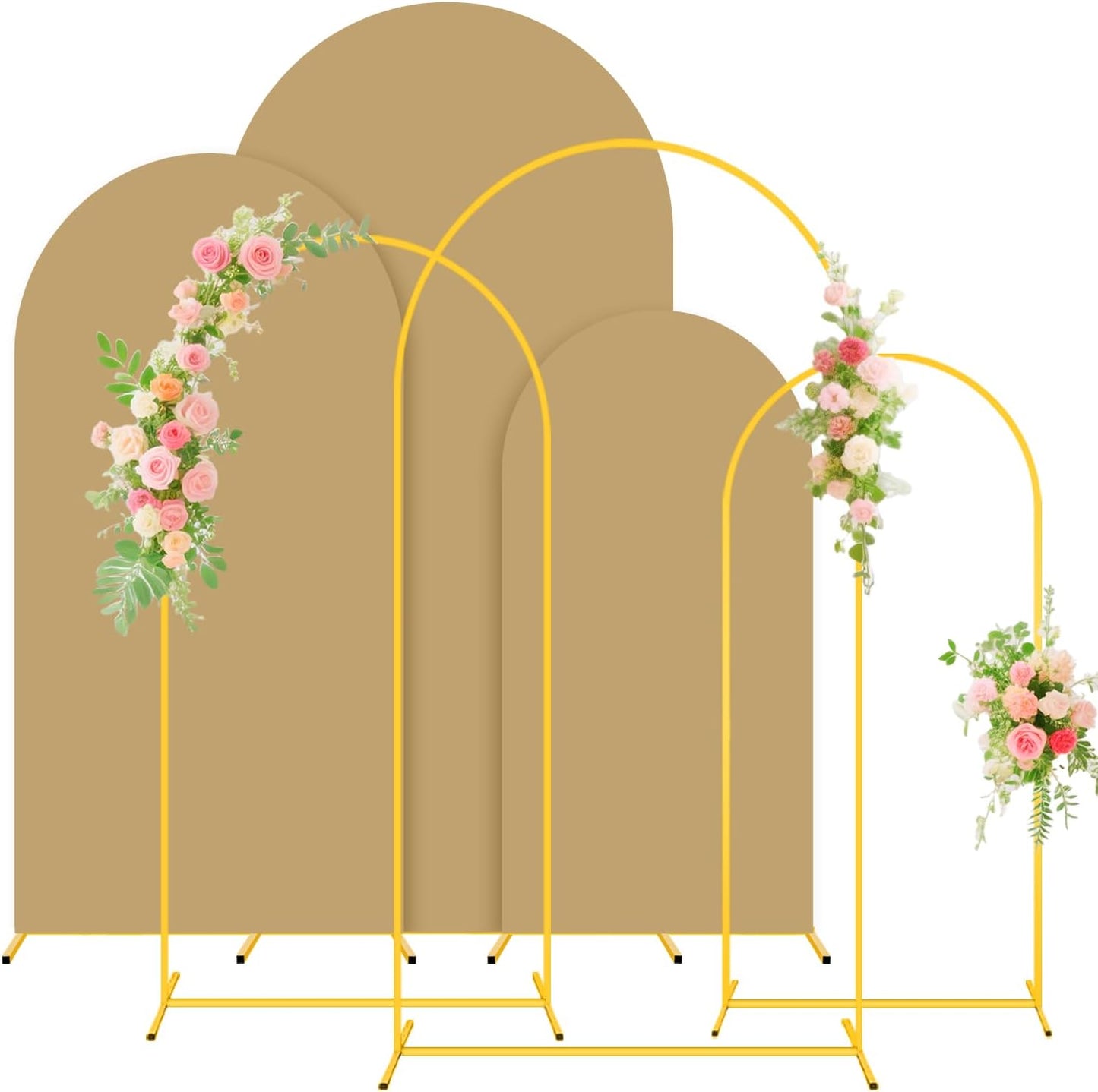 Metal Backdrop Arch Stand Set of 3 with Brown Spandex Arch Covers Stretchy Backdrop 6FT, 5FT, 4FT Stable Balloon Arch Frame Stand Backdrops and Arch Stands Cover for Wedding Ceremony Grad Party Decor