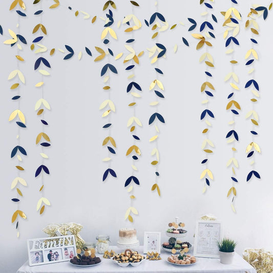 52 Ft Navy Blue Gold Party Decorations Royal Blue Gold Leaf Garland Paper Hanging Leaves Streamer Banner for Spring Birthday Bachelorette Engagement Anniversary Wedding Bridal Shower Party Supplies