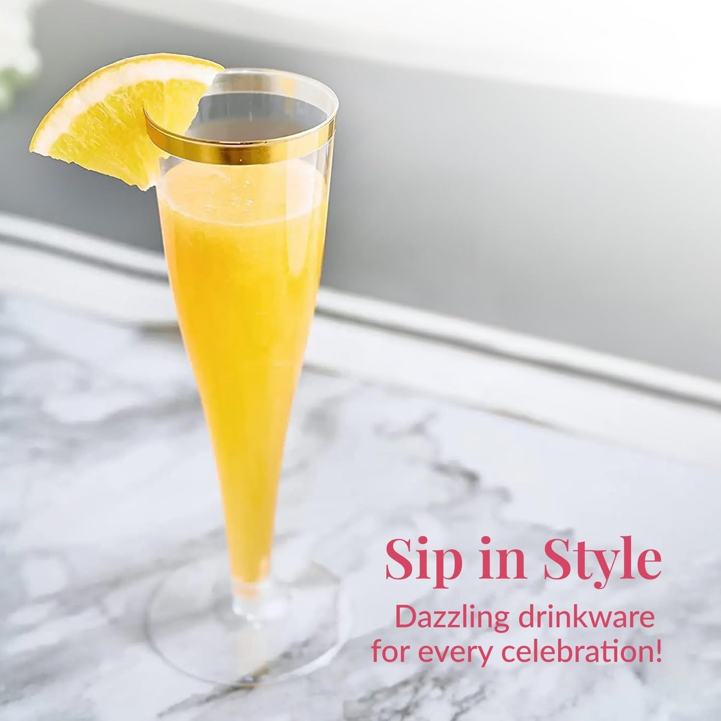 Prestee 48 Disposable Plastic Champagne Flutes with Gold Rim Glitter - Clear Toasting Glasses for Mimosa, New Year’s Eve Party, and Elegant Celebrations - Premium Quality Disposable Stemware