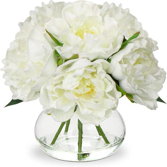 Hollyone Fake Flowers White Peonies Artificial Flowers Faux Flowers with Vase Peony Silk Flower Arrangements in Glass Vase with Faux Water for Home Decor Bathroom Table Centerpiece Shelf Decorations