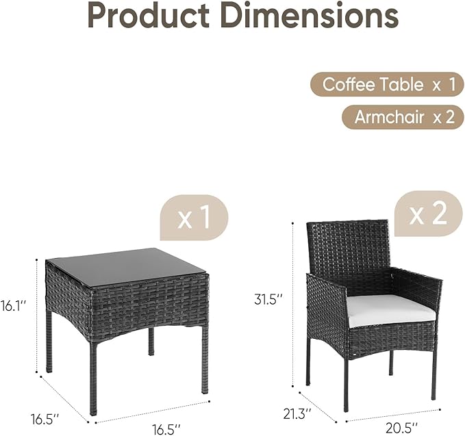DUMOS 3 Piece Patio Furniture Set, All-Weather Outdoor Wicker Chairs - Image 7