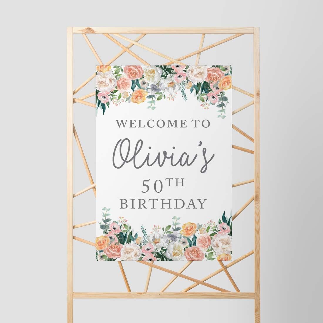 Andaz Press Personalized Extra Large Birthday Easel Board Party Sign, 12x18-inch, Peach Coral Floral Flowers Roses on White, Welcome to Olivia's 50th Birthday, 1-Pack, Custom Name Age