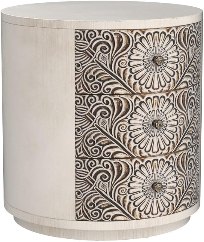 HOMPUS Round End Table with Carved Floral Pattern, Vintage Nightstand w 3 - Image 4