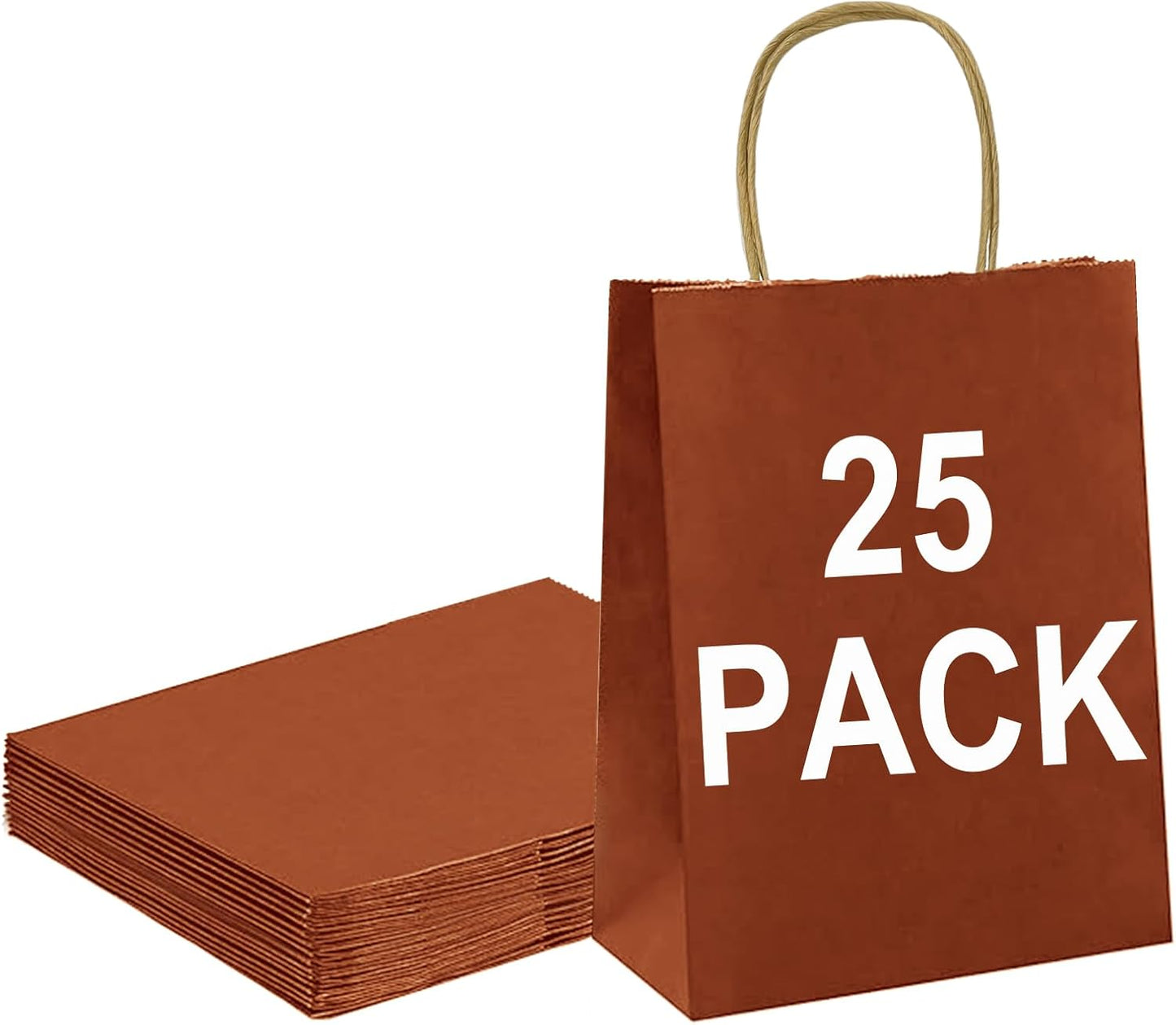 BAG BOX 25 Pack Small 5.9x3.1x8.25 Inch Orange Kraft Paper Gift Bags with Handles for Bulk Shopping, Retail, Craft, Party Favors, Wedding, Grocery & Sacks