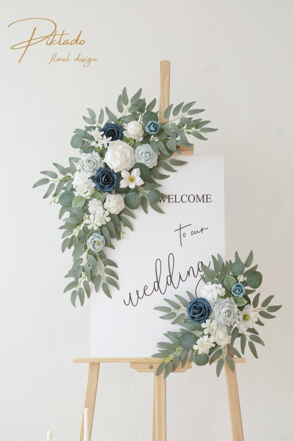 Faux Flower Swag Set of 2 for Wedding Welcome Signs Floral Swag Wedding Reception Ceremony Signs Decor (A-White Blue)