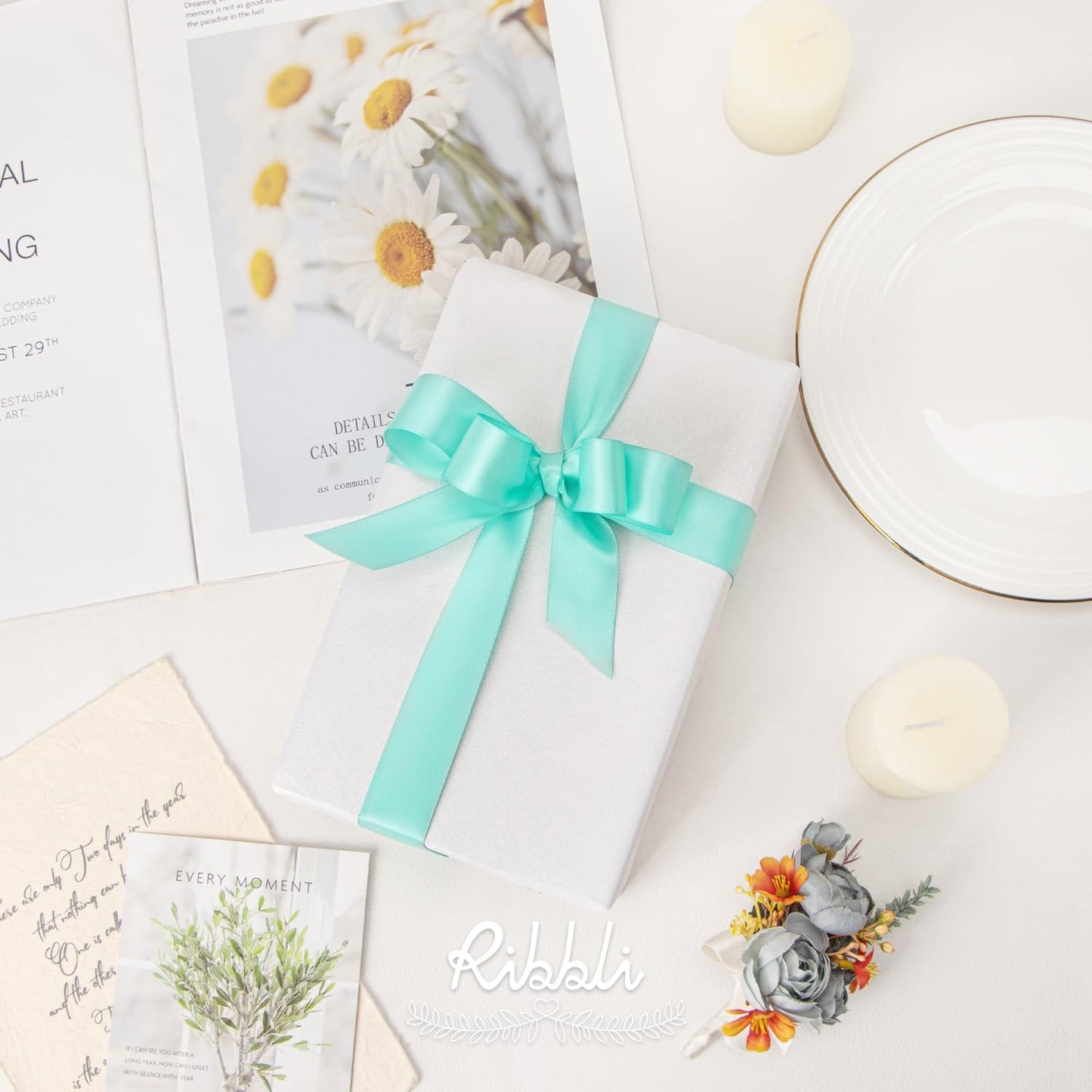 Ribbli Aqua Blue Double Faced Satin Ribbon,1” x Continuous 25 Yards,Use for Bows Bouquet,Gift Wrapping,Wedding Decoration