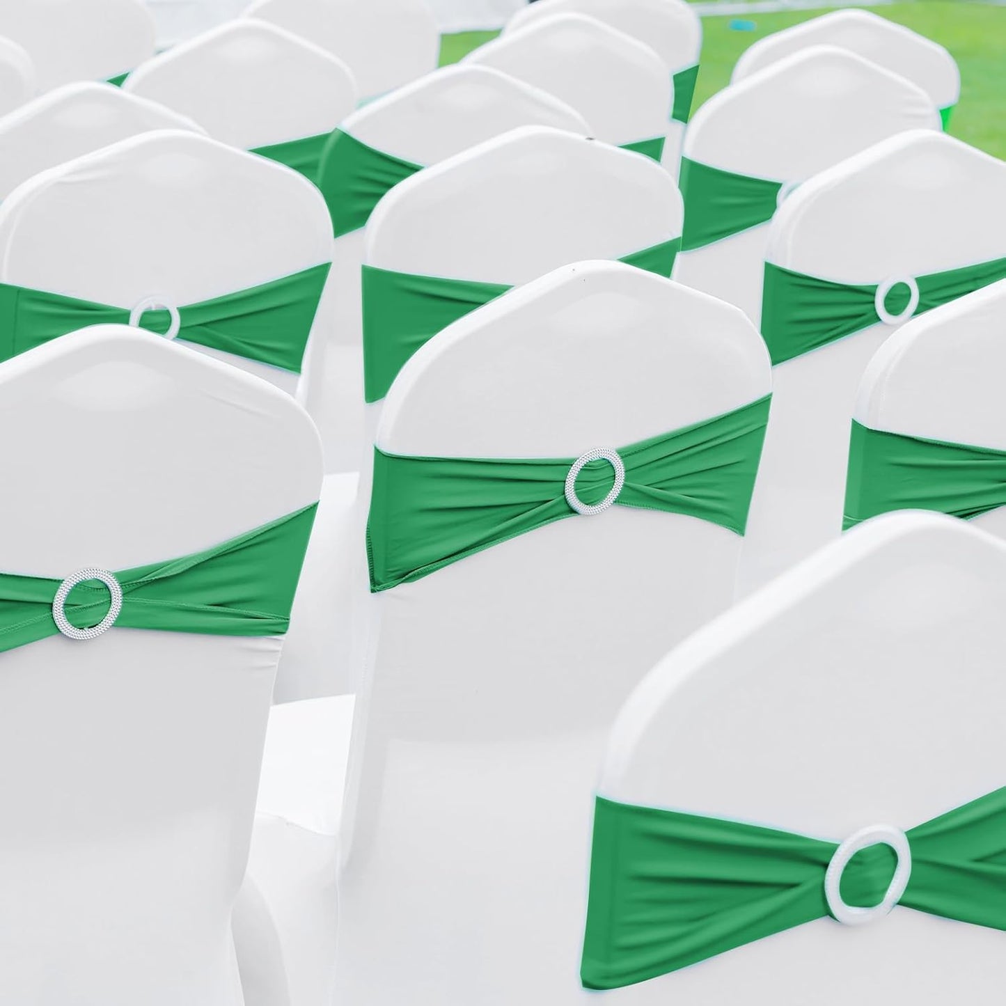 CHENGU 150 Pieces Spandex Stretch Chair Sashes Bows Elastic Chair Cover Bands Ties with Buckle Slider for Wedding Party Reception Events Universal Ceremony Banquet Decorations (Green)