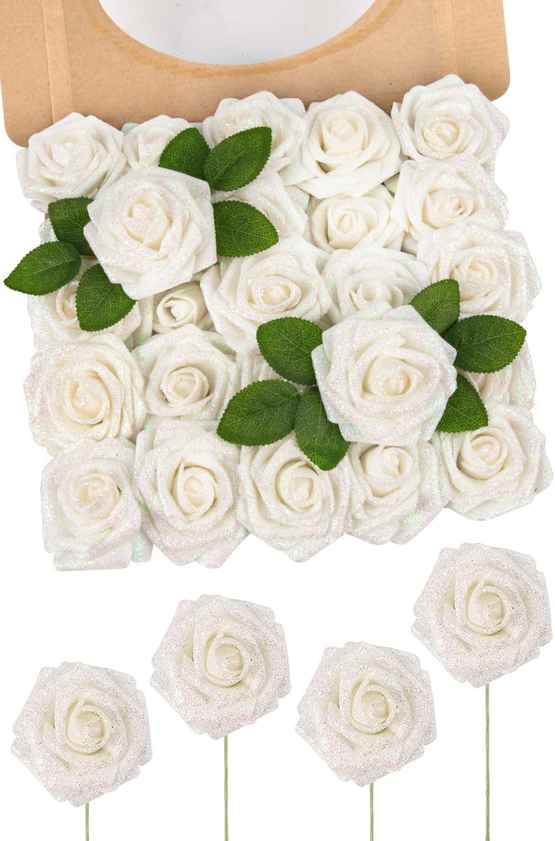 N&T NIETING Artificial Flowers Glitter Roses Flowers 25pcs White Foam Shiny Roses Real Looking Fake Roses with Stem for DIY Wedding Bouquets Centerpieces Bridal Shower Party Home Decorations