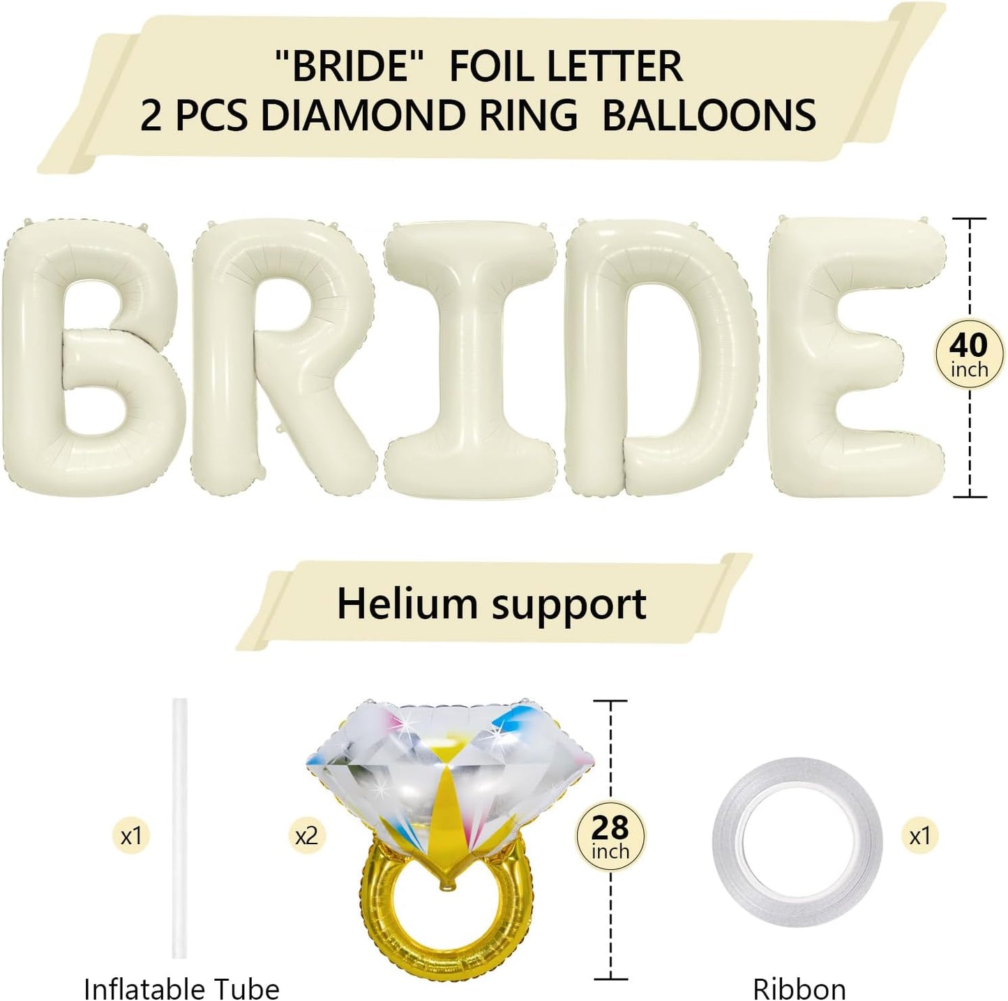 40 Inch Beige BRIDE Balloons Luxury Wedding Decor for Bridal Shower, Larger Cream White "BRIDE" Foil Letter with 2 Giant Diamond Ring Balloons, Bachelorette Engagement Wedding Party Favors