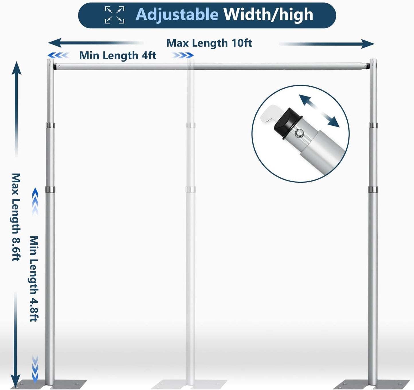 SLOW DOLPHIN 10x 8.6ft Pipe and Drap Backdrop Stand Kit,Heavy Duty Adjustable Frame Backdrop Stand for Event, Birthday Party, displays and Wedding Decoration