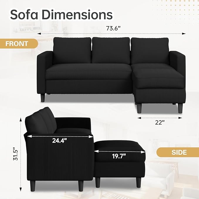 JAMFLY Couches for Living Room, 3-Seat Reversible Sectional Sofa - Image 2
