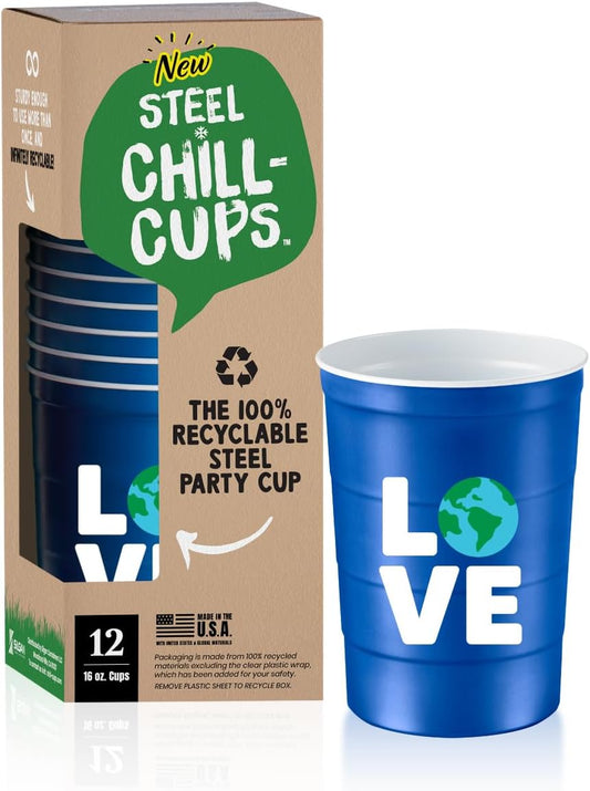 16 oz. Party Cup Earth Day 'Love' Planet Recycle Design for Cold Drinks, Durable, Disposable, Recyclable, Made in USA, Blue 12 Count