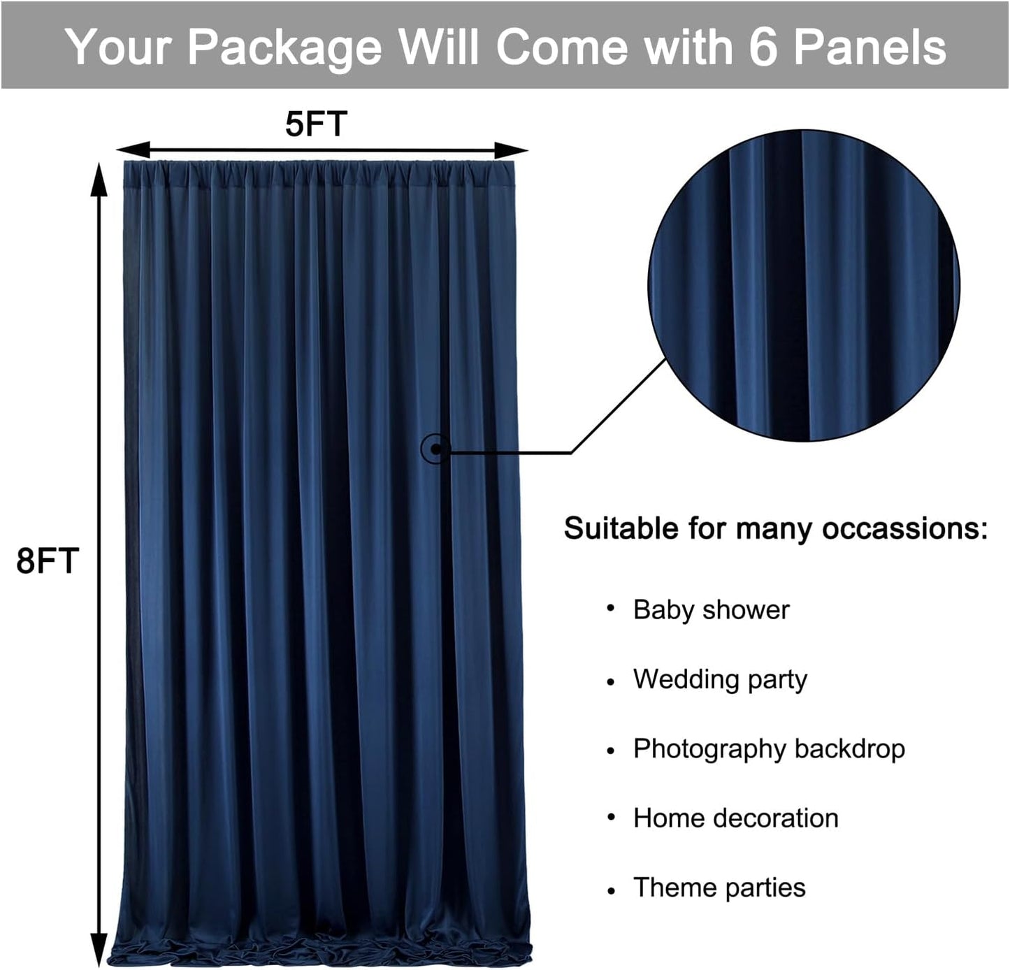 30 ft x 8 ft Navy Blue Backdrop Curtain Panels, 6 Panels 5 ft x 8 ft Wrinkle Free Polyester Photography Backdrop Drapes, Wedding Party Home Decoration Supplies