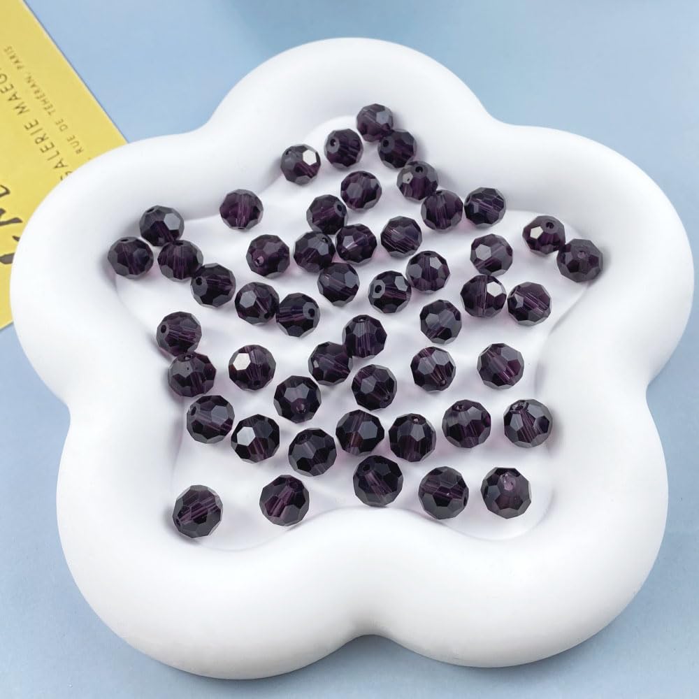 50 PCS 10mm Crystal Glass Beads Round Multiple Faceted Loose Spacer Glass Beads for DIY Handcrafte Bracelet Necklace Earring Jewelry Making(Violet)