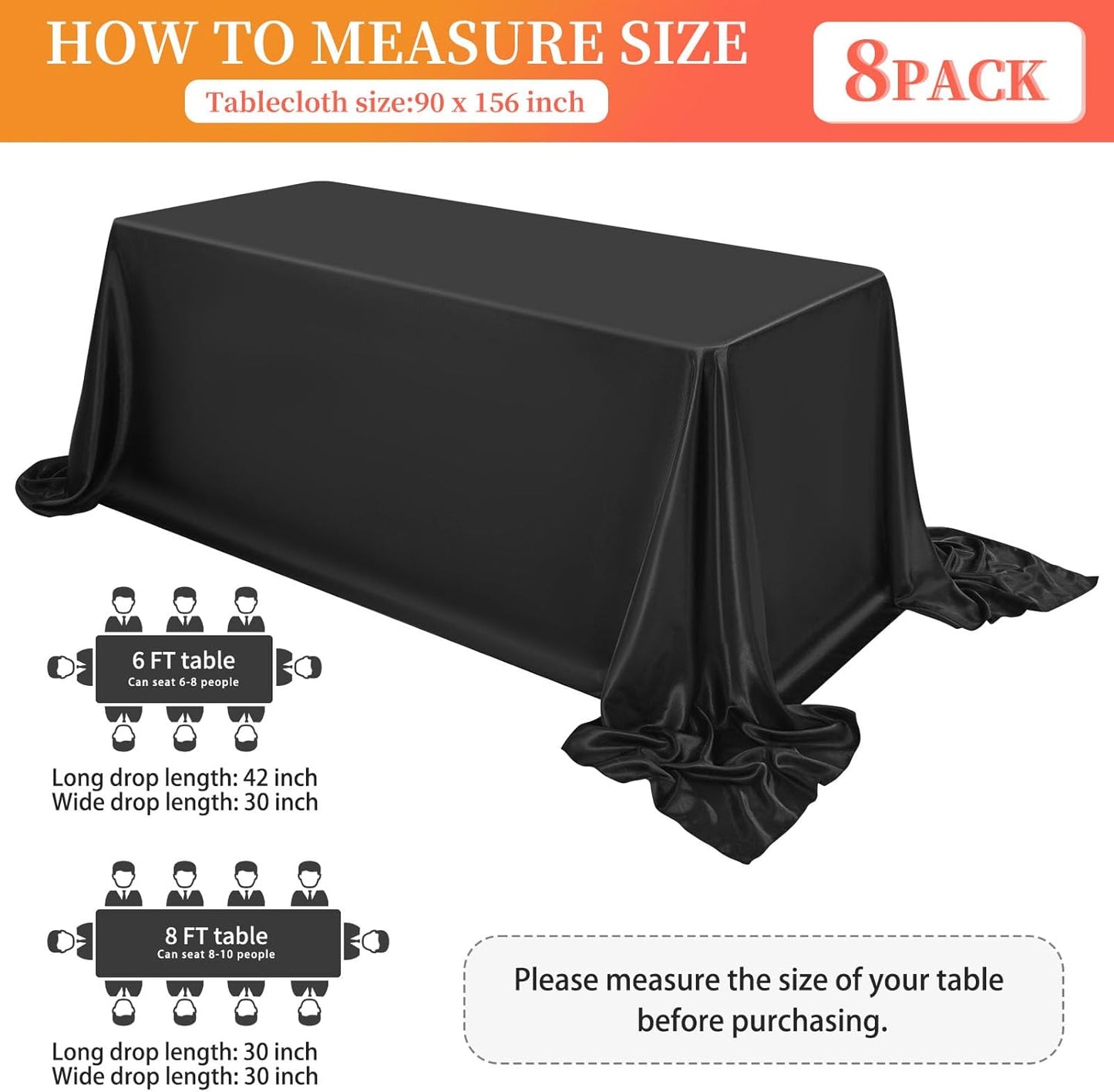 8 Pack Satin Tablecloth 90 x 156 Inch Black Rectangle Silky Satin Table Cover,Bright Silk Smooth Table Cloth,Overlay Silky Table Cover for Wedding Party Banquet Event Dining Decoration