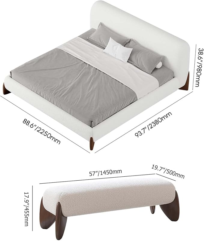 homary Curva Modern White Boucle King Size Platform Bed Set & Bedroom Bench - Image 2
