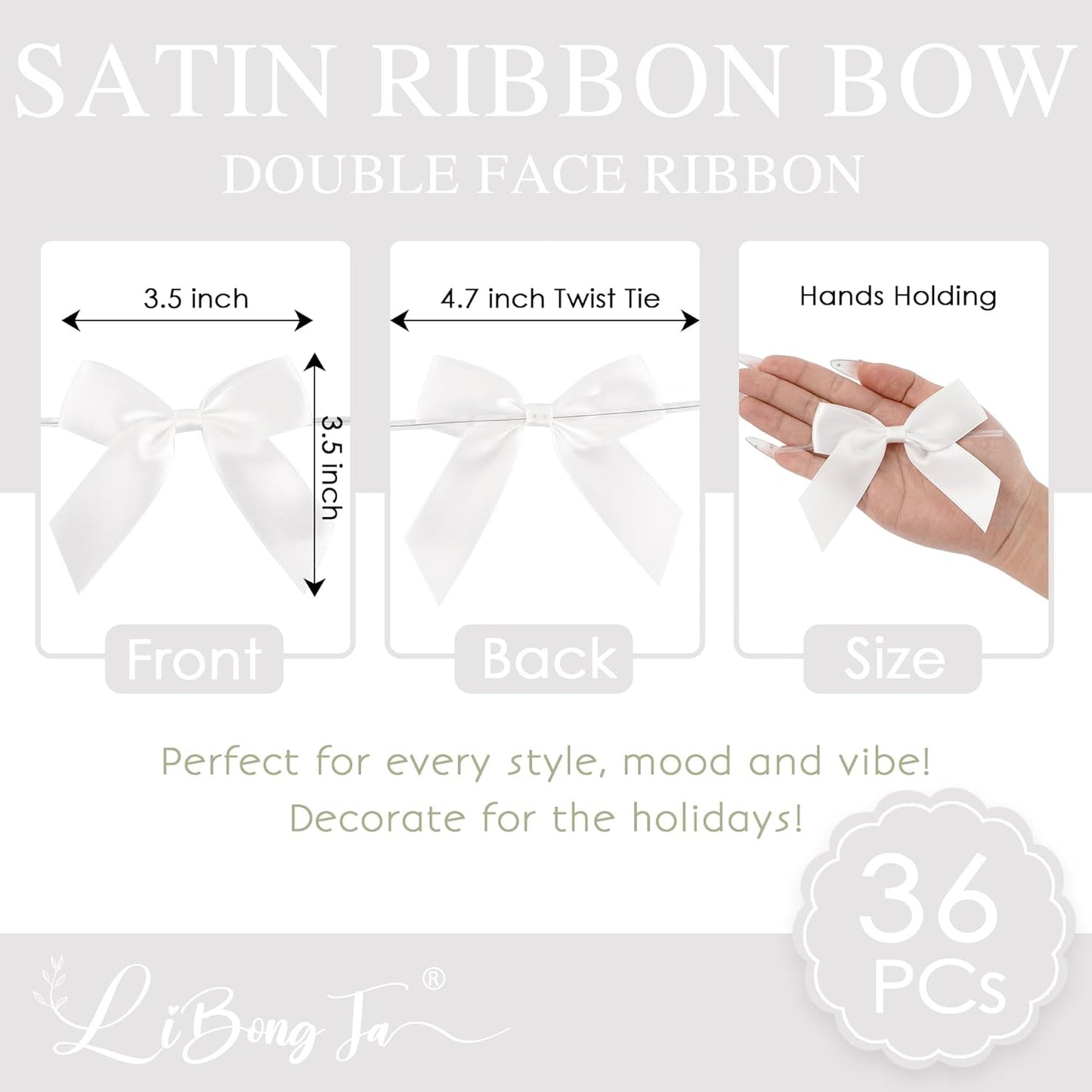 3.5" White Bow Satin Pre-Tied Bows for Gift Wrapping, Small Bows for Crafts, Premade Bows, Candy Apple Bows, Twist Tie Bows for Cake Decorating, Party Favor, Wedding Decoration-36 Counts