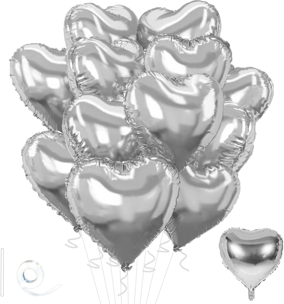 Silver Heart Balloons,18inch Bright Silver Heart Shaped Foil Balloons 12Pcs Helium Mylar Balloon for Anniversary Wedding Engagement Birthday Party Baby Shower Decorations