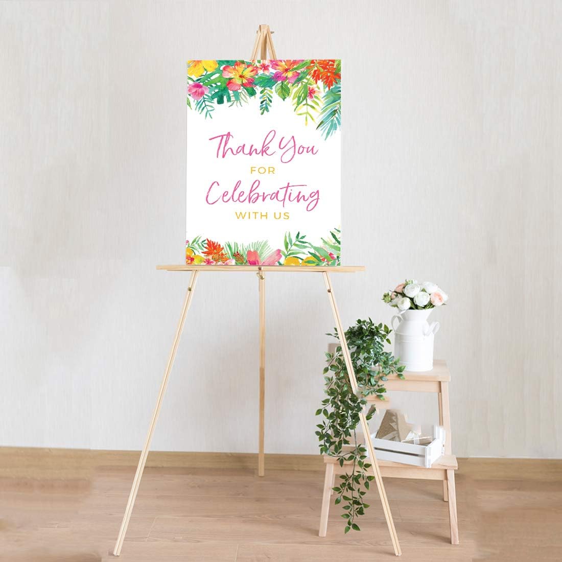 Andaz Press Extra Large Wedding Easel Board Party Sign, 12x18-inch, Tropical Leaves Plants Flowers, Thank You for Celebrating With Us, 1-Pack