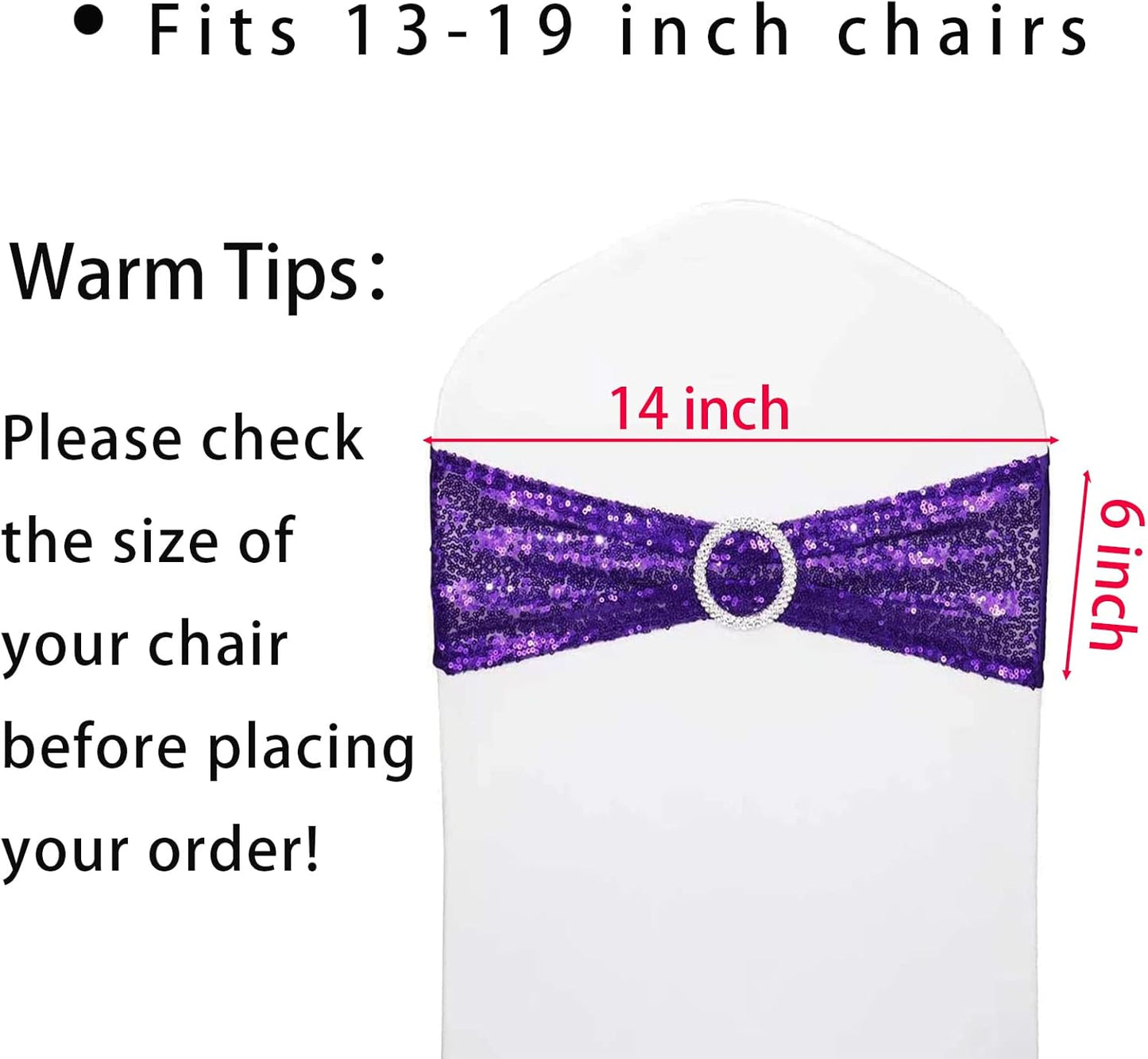 Chair Sashes Sequin Stretch Chair Bands Spandex Polyester Bows for Party Hotel Wedding Banquets Decoration - 6 Pcs Purple