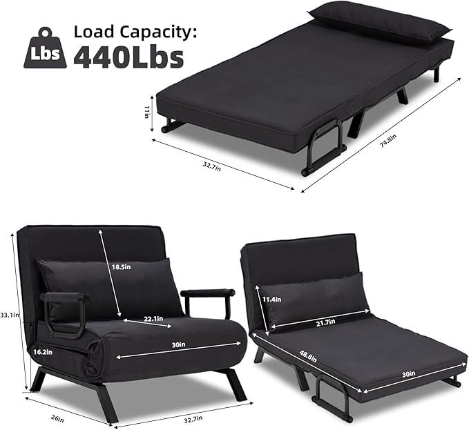 Hupmad Convertible Bed Sleeper Chair, Tri-fold Upholstered Armchair Sleeper - Image 3