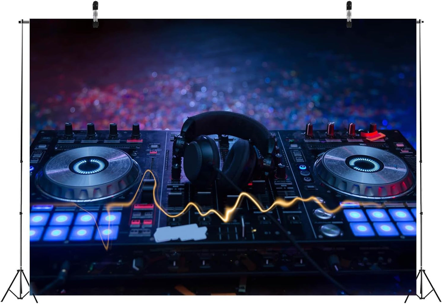 CORFOTO 7x5ft Fabric Dj Mixer with Headphones Backdrop Photography Dj Sound Equipment in Dark Background Musical Dance Disco Party Decorations Live Concert Stage Photoshoot Booth Studio Props