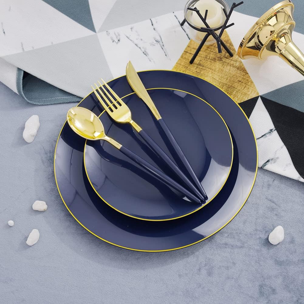 Liacere 150PCS Blue Plastic Plates - Gold Plastic Silverware with Blue Handle - Navy Disposable Plates Include 30 Guests Plates,Forks,Spoons,Knives for Wedding & Party & Halloween