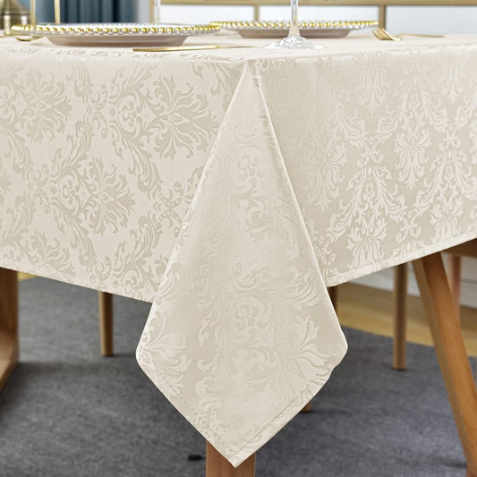 SASTYBALE Jacquard Tablecloth Rectangle 60 x 102 Inch Beige, Spill Proof Washable Damask Table Cloth, Soft Polyester Table Cover for Kitchen Dining Room, Parties, Indoor, Outdoor (Off White, Oblong)