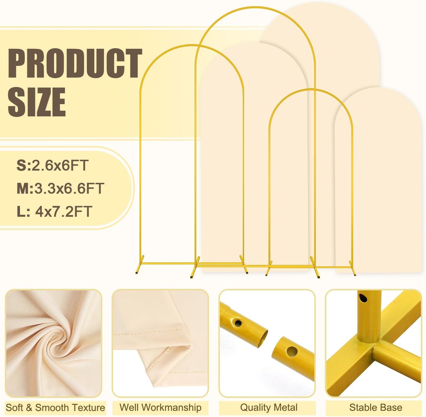 MODFUNS Arch Backdrop Stand and Cover Set of 3 Gold Wedding Arch Stand 6&6.6&7.2ft Beige Arches Cover Chiara Backdrop Stand for Party Birthday Banquet Wedding Arched Frame
