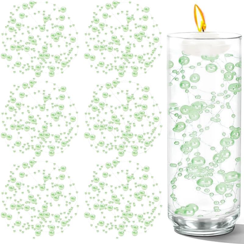 50 PCS Artificial Floating Beads for Centerpieces Vases, Light Green 8+3mm String Beads for Wedding Party Faux Pearl String for Decorating, String Pearls for Crafts Vase Filler