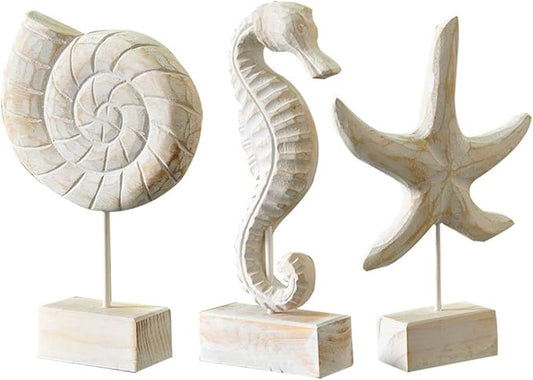 3pcs Wood Handmade Beach Nautical Style Figurines Starfish/Conch/Seahorse by Exttlliy