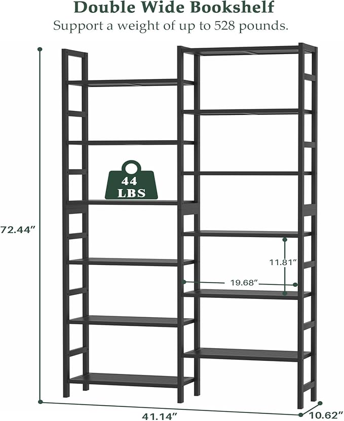 Homykic Double Wide Bamboo Bookshelf Black, 6-Tier Large Open Bookcase - Image 3