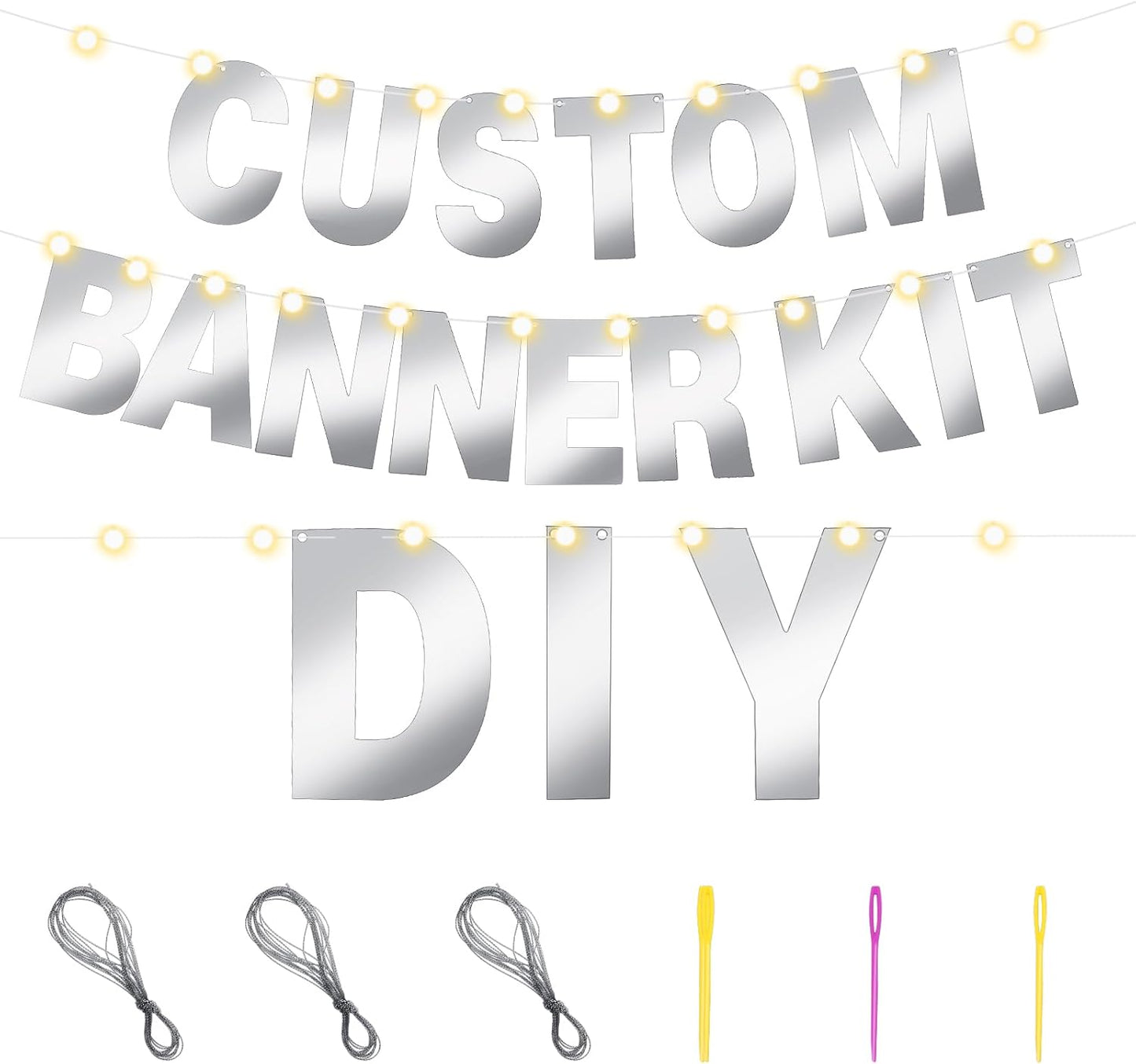 TaoBary 112 Pcs DIY Letter Custom Banner Glitter Customizable Banner Kit Including 107 Letters and Numbers 3 Rope for Valentine Birthday Party(Glossy Silver)