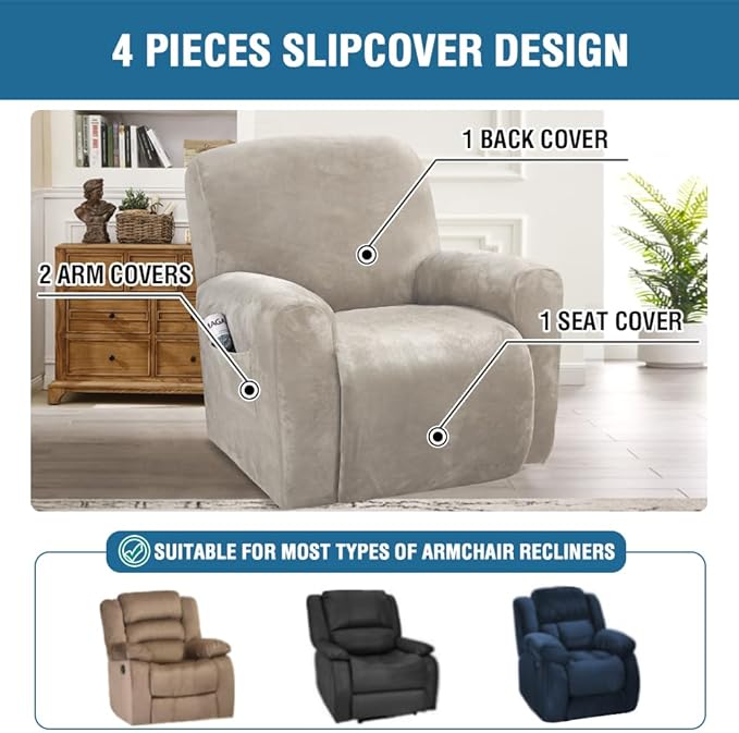 H.VERSAILTEX Velvet Stretch Recliner Couch Covers 4-Pieces Style Recliner Chair - Image 2