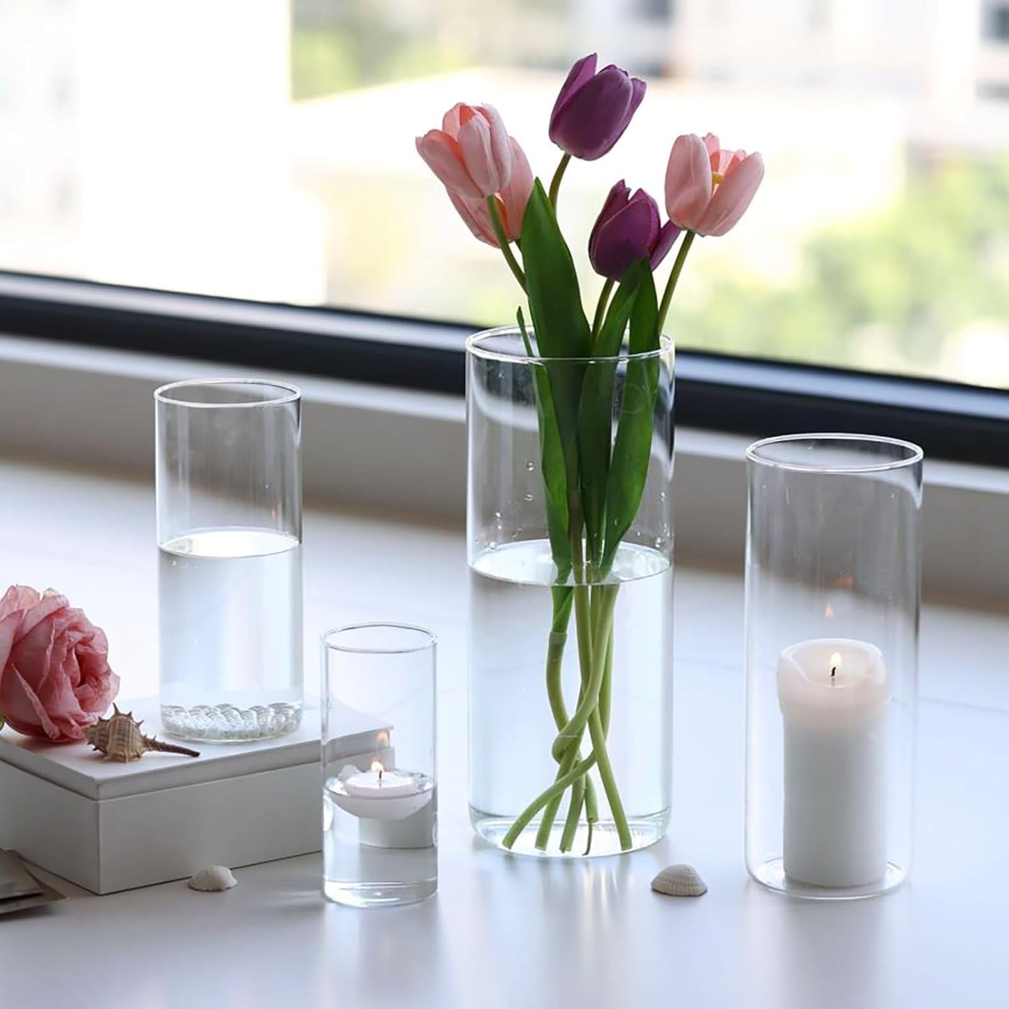 PHOSPHOR 16 PCS Glass Candle Holder, Hurricane Candle Hoder, Glass Pillar Candle Holder, Clear Cylinder Candleholder Cylinder Vase for Centerpieces Wedding Party Decoration